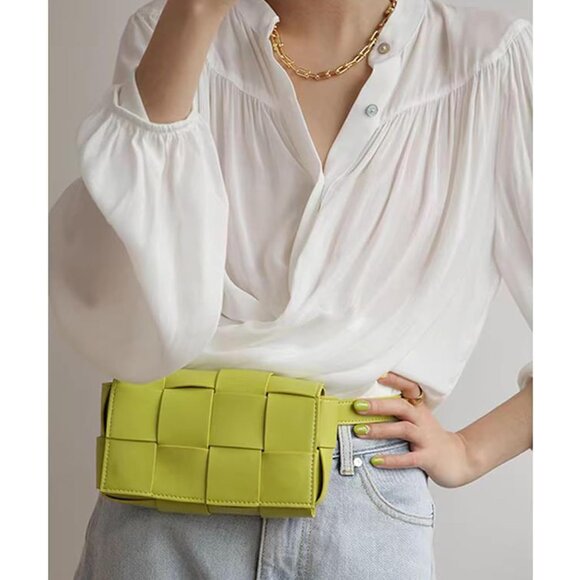 Mini Woven Faux Leather Crossbody Waist Pack Bag with Adjustable Belt Black - Picture 3 of 7